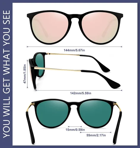 Vista 5 de WOWSUN Lentes de sol polarizados para mujer, estilo vintage, retro, redondos, espejados