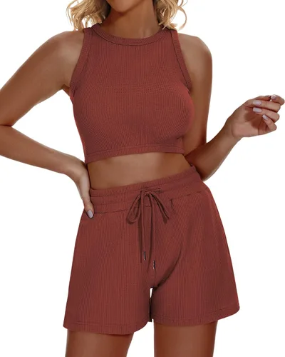 Vista 2 de Funlingo Conjunto de pijama de 2 piezas para mujer, de punto gofre, sin mangas, de verano, 2023