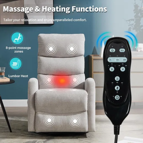 Vista 6 de Silla reclinable giratoria de 360° con masaje y calor, respaldo alto con relleno, silla mecedora tapizada para cuarto de bebé, sala de estar