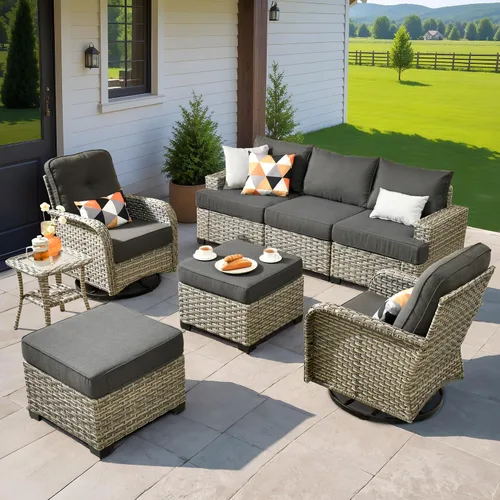 Vista 63 de HOOOWOOO Juego de Muebles Seccionales para Patio al Aire Libre, 6 Piezas Juegos de Conversación de Mimbre Sofá en Forma de L, Sofá Extra Profundo