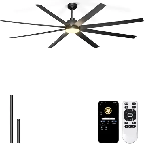 Vista 9 de Ventilador de techo de 65 pulgadas con luces, ventilador de techo negro con control remoto y aplicación, 3CCT, regulable, motor CC reversible