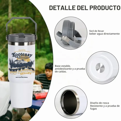 Vista 4 de Vaso de acero inoxidable de 32 onzas con asa y tapa 2 piezas Nuevo Mango Blanco