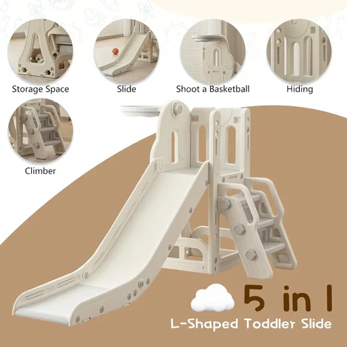 Vista 4 de Tobogán para niños pequeños, tobogán escalador con espacio de almacenamiento y escalones antideslizantes, juego para interiores y exteriores con aro