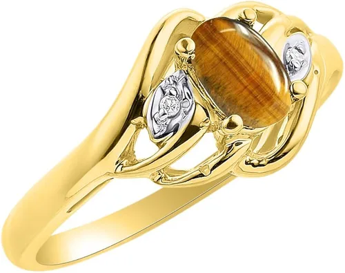 Vista 3 de Rylos Anillos para mujer, oro amarillo de 14 quilates, anillo de diamante y ojo de tigre, piedra natal, 0.236 x 0.157in, joyería de piedras