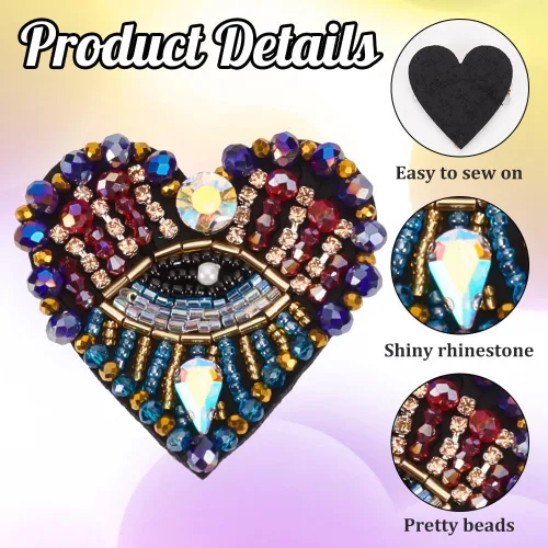 Vista 3 de INFUNLY 4 parches de cuentas de diamantes de imitación de ojo de corazón de 4.1 x 2.9 pulgadas, parches para coser en forma de corazón, hechos a