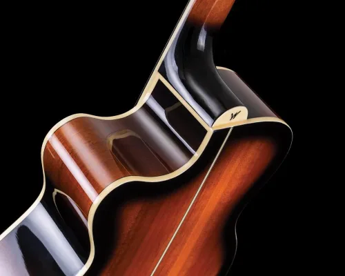 Vista 18 de Washburn Festival EA15 Mini Jumbo Cutaway, guitarra eléctrica acústica, ráfaga de tabaco Parte superior de arce figurada; Mini corte gigante