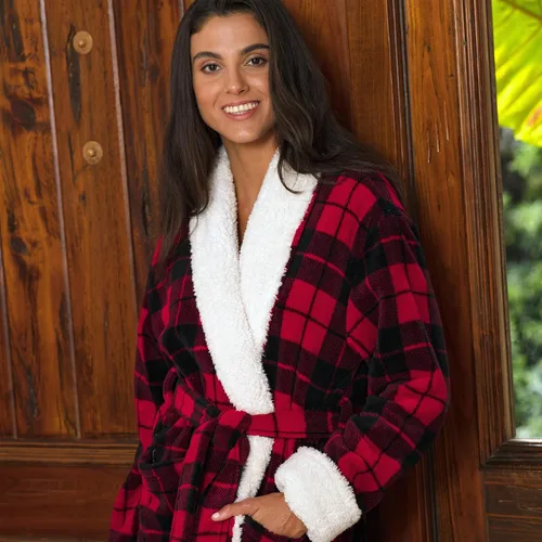 Vista 3 de Alexander Del Rossa Bata de forro polar cálida para mujer, bata larga de felpa Sherpa para invierno
