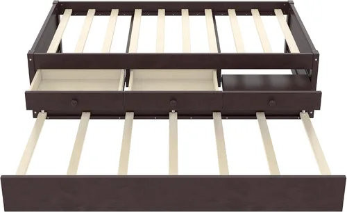 Vista 5 de Cama de plataforma individual con nido y cajones de almacenamiento, sofá cama de madera maciza con tomas de corriente y listones completamente