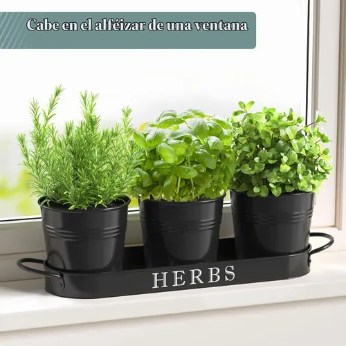 Vista 3 de Barnyard Designs - Juego de macetas para jardín de hierbas de interior con bandeja, macetas de metal para alféizar con drenaje para plantas de Negro