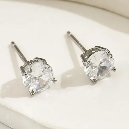 Vista 3 de Aretes tipo dormilona de plata de ley 925 con circonita cúbica para mujeres y hombres, chapados en oro blanco de 14 quilates, hipoalergénicos