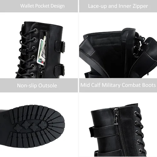 Vista 5 de Vepose Botas de combate militares de 28 a media pantorrilla para mujer con bolsillo tipo billetera para cuchillo de tarjetas