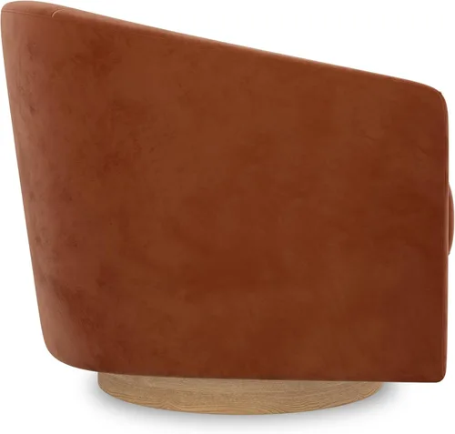 Vista 4 de Silla giratoria decorativa, moderna tapizada con brazo curvado, tela de terciopelo, cómoda silla de lectura con base de madera maciza para sala