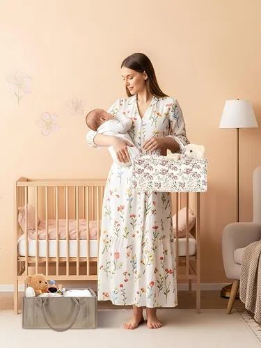 Vista 6 de Shinylin Organizador de pañales de 2 piezas para recién nacidos, regalos para nuevas madres, elegante cesta de pañales marrón, margaritas pastorales