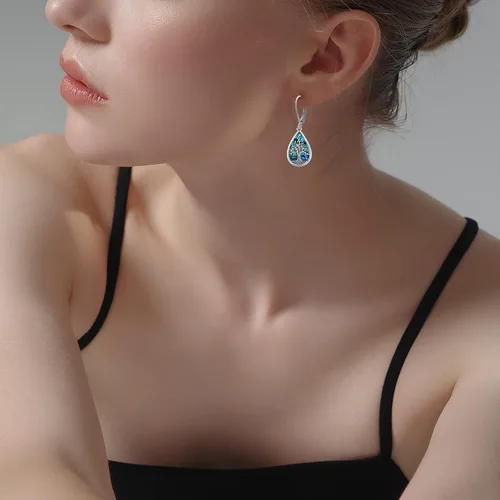 Vista 208 de Aretes colgantes de plata de ley con diseño de árbol de la vida, flor, abeja, animales, gato, colibrí, piedra lunar, turquesa, aretes con cierre