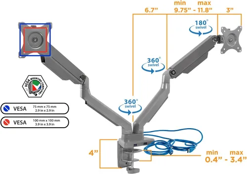 Vista 9 de Mount-It! Soporte de escritorio para monitor dual con puertos USB 3.0, soporte de monitor dual de movimiento completo para 2 pantallas de hasta 32