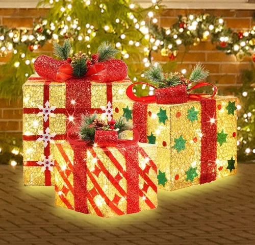 Vista 2 de LAMPHOME Cajas Iluminadas de Navidad, juego de 3 cajas de regalo decorativas con 91 LED, luces cálidas con parpadeo, cajas decorativas para Cajas