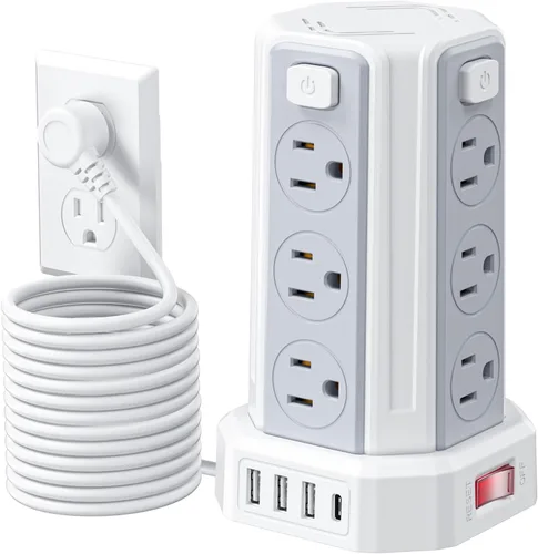Vista 14 de Tira de alimentación con protector de sobretensiones, cable de extensión de 6.5 pies con 12 tomas múltiples de CA, 4 USB (1 USB C), estación de Negro