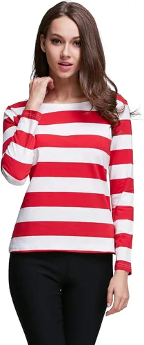 Vista 5 de HUHOT - Camiseta de manga larga para mujer, cuello de barco, rayas, ajuste relajado, camiseta de Navidad