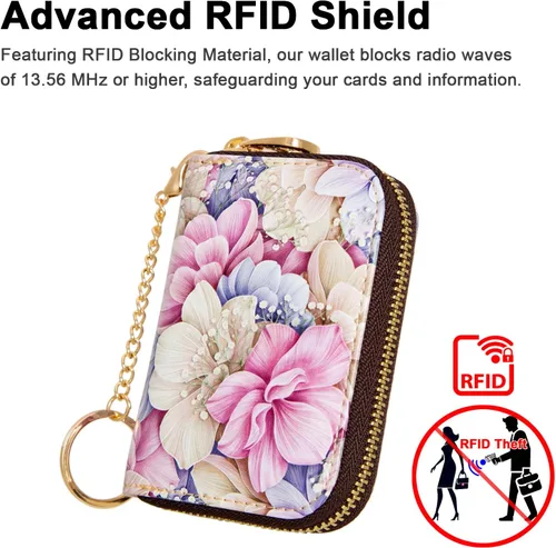 Vista 2 de Soporte para tarjetas de crédito, cartera con bloqueo RFID para mujer, pequeña cartera delgada de cuero con llavero con cremallera, funda