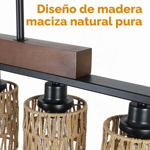 Vista 4 de Candelabros de ratán para comedor, iluminación de isla de cocina bohemia, lámpara lineal de 5 luces, lámpara colgante rectangular, candelabros