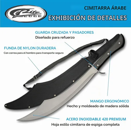 Vista 2 de SZCO Machete de cimitarra árabe de 25 pulgadas, espada árabe curvada de espiga completa con hoja de acero inoxidable de 18 pulgadas, mango de madera