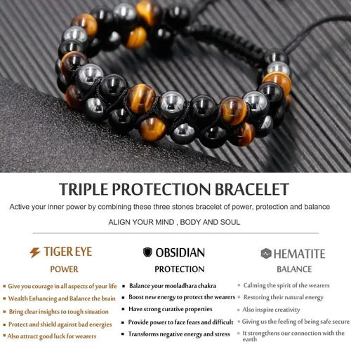 Vista 5 de HASKARE Triple Protection Bracelet, Genuine Tigers Eye Black Obsidian and Hematite 8mm Beads Bracelet for Men Women, Crystal Jewelry Stone Bracelets