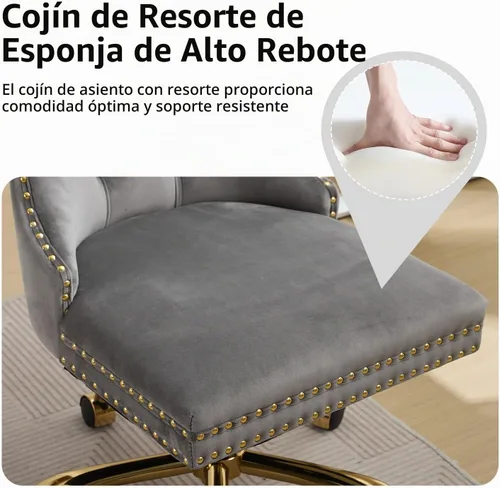 Vista 6 de Silla de escritorio de terciopelo gris con ruedas y base dorada, silla de oficina moderna giratoria cómoda, silla de tocador, silla de tarea, silla