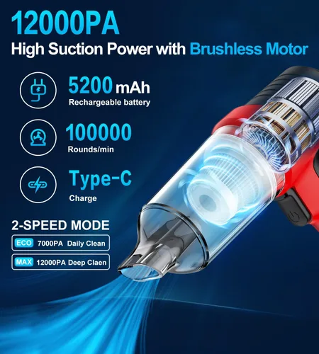 Vista 3 de Aspiradora portátil inalámbrica para automóvil, 4 en 1, mini aspiradora de alta potencia, 12000 Pa potente succión, plumero de aire, filtro doble