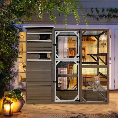 Vista 8 de PetsCosset Gran Encierro para Gatos al Aire Libre, Casa para Gatos Resistente a la Intemperie Conectada a la Ventana para Múltiples Gatos, Refugio