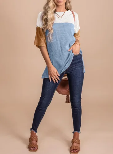 Vista 5 de EVALESS Camisetas de verano de manga corta con cuello redondo para mujer, bloque de color, ligeras