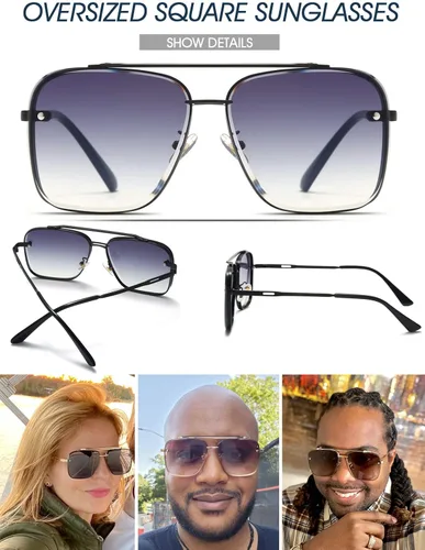 Vista 6 de PORADAY Gafas de sol cuadradas de aviador para hombres y mujeres, a la moda, de gran tamaño, gafas de sol de piloto, montura de metal vintage, tonos