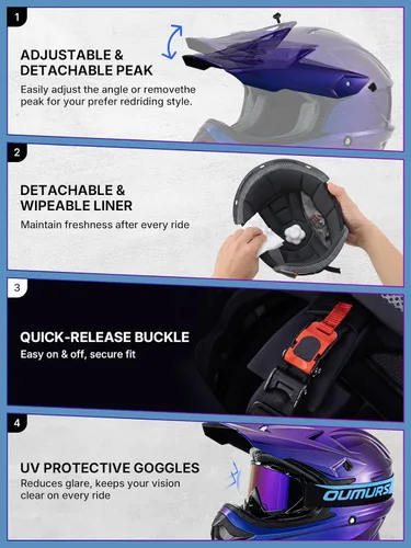 Vista 8 de OUMURS DOT Adult ATV Dirt Bike Helmet with Goggles Gloves & Mask Adjustable Sun Visor Motorcycle Adults Helmet Off-Road Motocross Downhill Moped MX