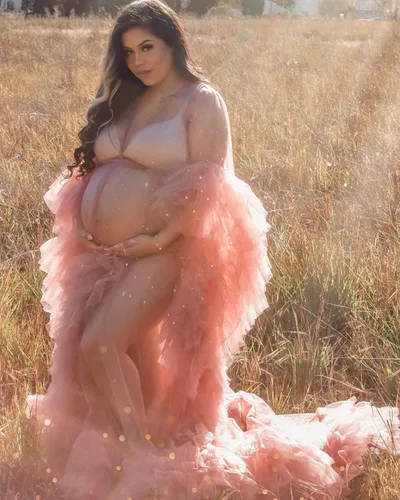 Vista 2 de Tianzhihe Bata de tul hinchada, vestido de maternidad para sesión de fotos, bata de novia larga y transparente, vestido de baby shower, vestido
