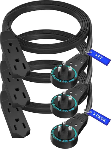 Vista 10 de Maximm Cable de extensión de enchufe plano giratorio de 360° de 2 pies, cable de extensión de 3 tomas de corriente múltiple de 16 AWG, cable