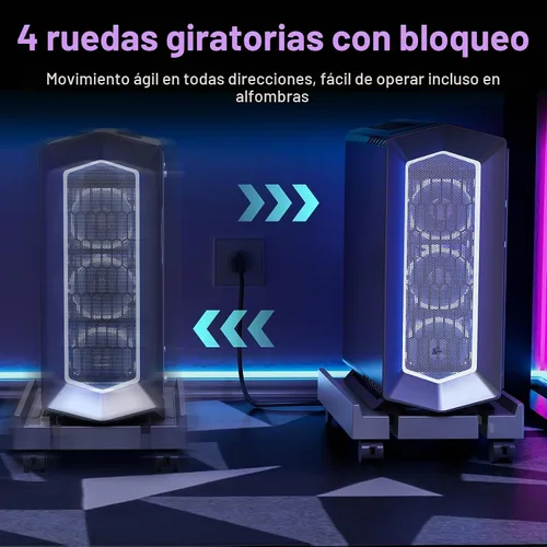 Vista 4 de Soporte de torre ajustable para computadora, soporte de PC ventilado para piso, soporte de CPU móvil con 4 ruedas giratorias que se adapta a