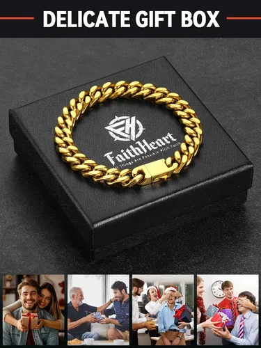 Vista 9 de FaithHeart - Pulsera de eslabones cubanos para hombre, acero inoxidable chapado en plata/negro/oro de 14 quilates, pulseras de eslabones