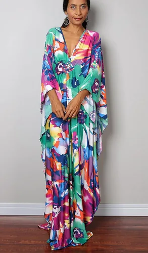 Vista 6 de Vestidos caftán para mujer con cuello ondulado, vestido de caftán, vestido de playa largo de gran