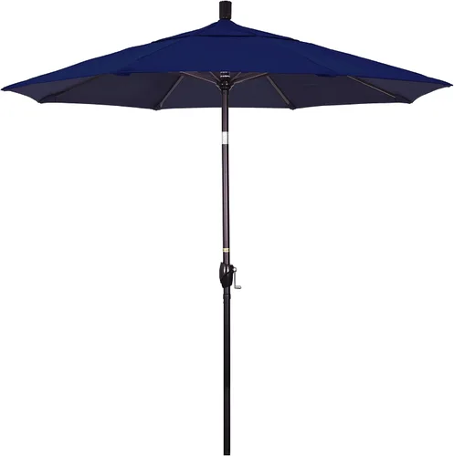 Vista 5 de California Umbrella Sombrilla redonda de aluminio de 7.5 pies, manivela elevadora, botón de inclinación, poste de bronce, Sunbrella Air Blue