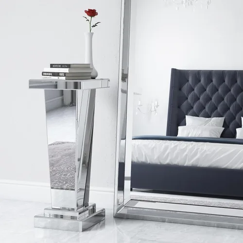 Vista 8 de Howard Elliott Collection Mesa de pedestal con espejo cónico, elegante y moderno estilo lateral de cama, diseño de acabado de espejo