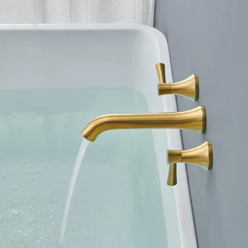 Vista 8 de Llenador de bañera romano de montaje en pared, grifos de bañera de latón dorado cepillado con 2 asas