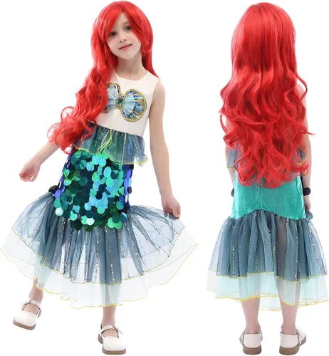 Vista 2 de Latocos Little Mermaid Ariel Halloween Costumes for Girls Princess Dress Up with Red Wig 3-10 Years Kids Cosplay Gift