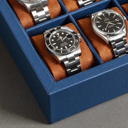 Vista 6 de ROTHWELL Caja de reloj de cuero con 10 ranuras, organizador de joyas de lujo, soporte para reloj con tapa de cristal grande, organizador de caja