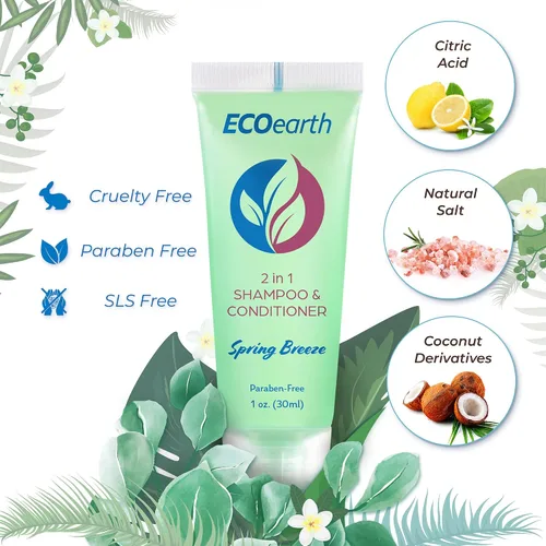 Vista 2 de EcoEarth Champú acondicionador de tamaño de viaje 2 en 1 (1 onza líquida, 100 unidades, brisa de primavera) deleita a tus invitados con champú
