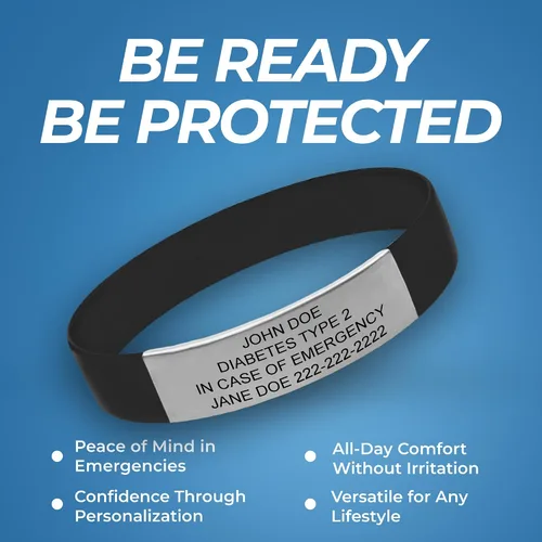 Vista 2 de Medical ID Bracelet Custom Engraved – Emergency Medical Alert Bracelet for Men & Women – Personalized Medical ID Bracelet Waterproof Silicone & Negro