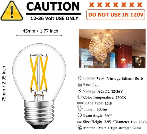 Vista 2 de Bombilla LED de 12 voltios equivalente a 40 vatios, base E26, filamento Edison vintage de 12 V, 4 W, 400 lm, blanco cálido 2700 K CA/CC 12 V-36 V
