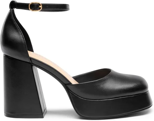 Vista 2 de DREAM PAIRS Zapatos de tacón alto con plataforma gruesa para mujer, puntera cerrada, correa al tobillo, para boda, fiesta, zapatos de tacón