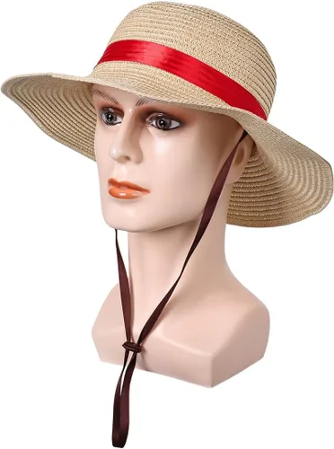 Vista 7 de Sombrero de paja con cuerda para disfraz de cinta roja, sombreros de sol para Halloween, accesorios de cosplay