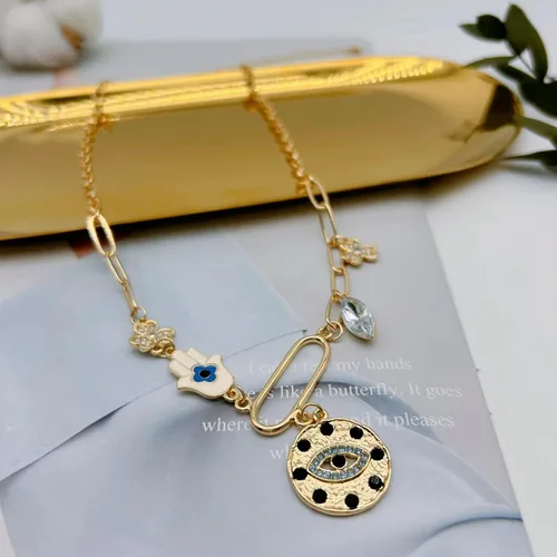 Vista 4 de Collar de cadena de clip de papel con encanto de estilo boho chapado en oro para mujer, hecho a mano, con ojo malvado, sol, luna, estrella, flor