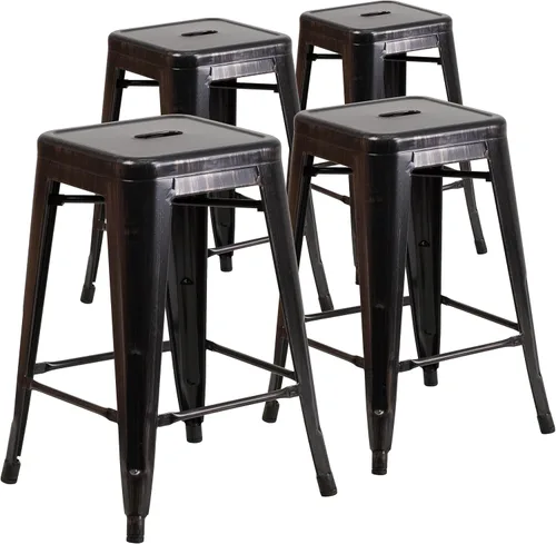 Vista 34 de Taburete de 24 pulgadas de alto para interior y exterior con asiento cuadrado., Metal, Negro