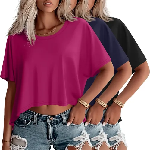 Vista 19 de Huukeay Paquete de 3 camisetas recortadas de gran tamaño para mujer, manga corta, holgadas, cuello redondo, holgadas, para entrenamiento